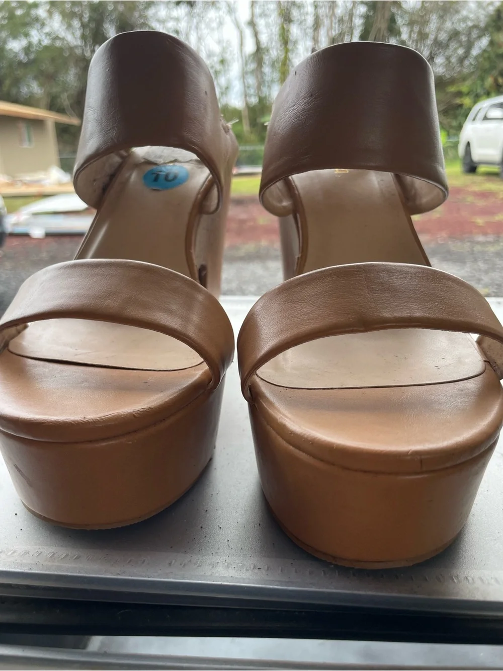 Platform Block Heel Sandals in Tan with Ankle Strap
